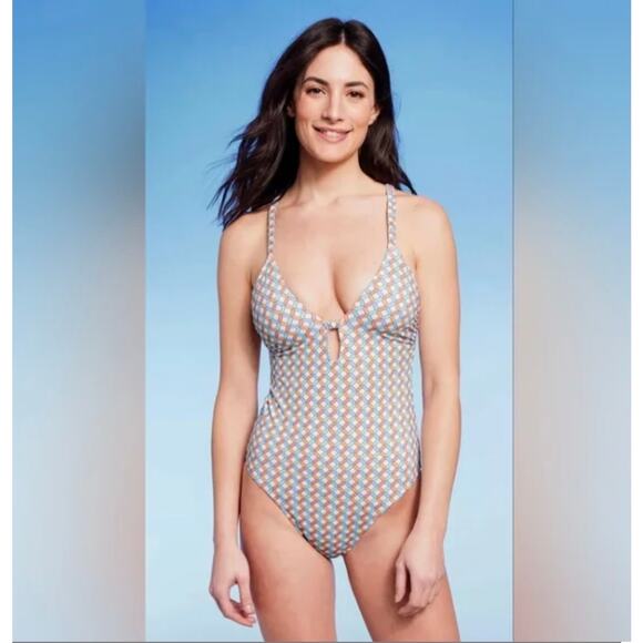 Shade & Shore Women's Plunge Front High Leg One Piece Swimsuit Sz. Lrg NWT - Picture 1 of 11